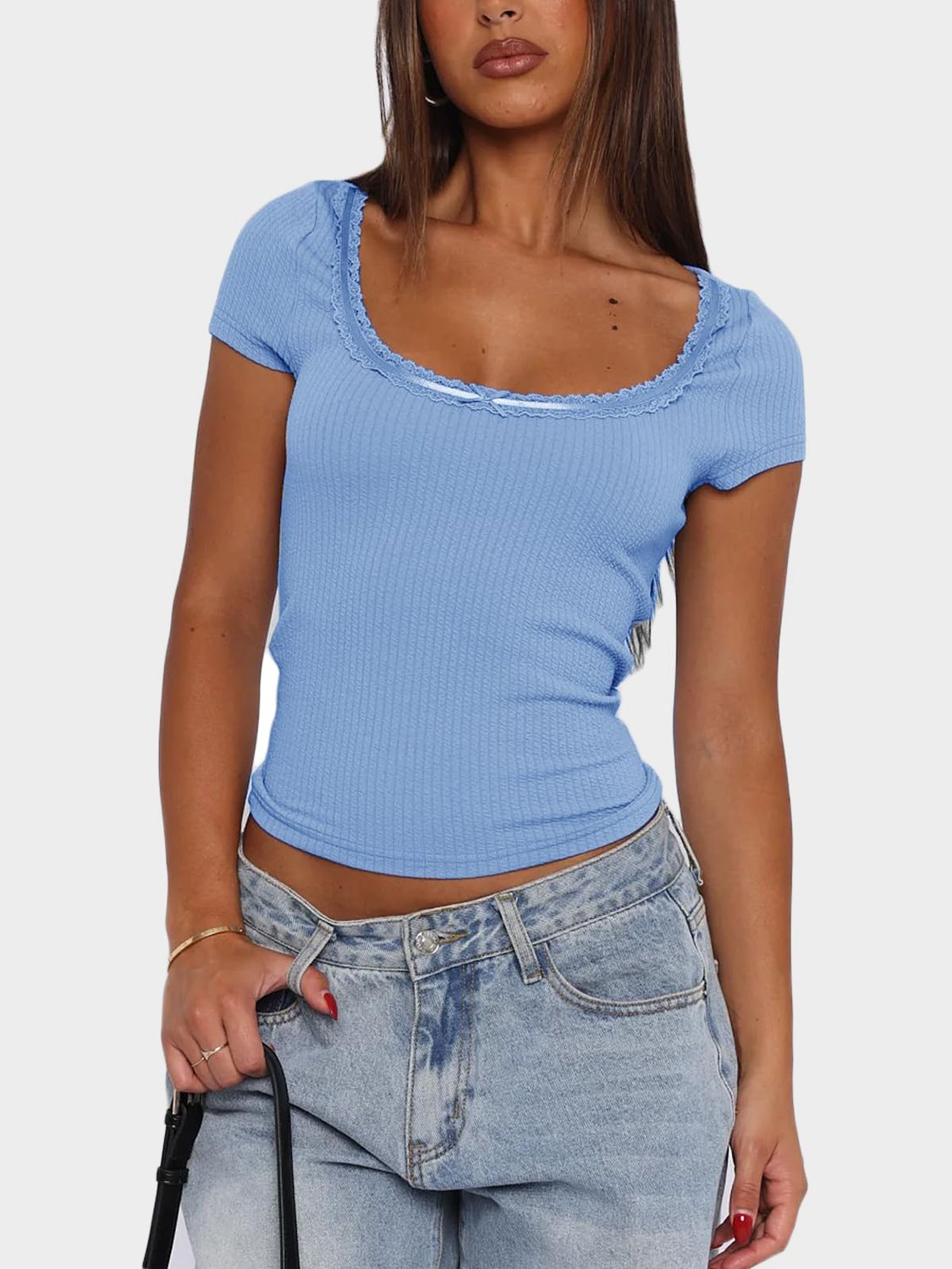 Lace Detail Scoop Neck Short Sleeve T-Shirt - Classique Collection
