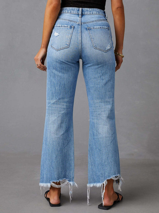 Distressed Raw Hem Jeans with Pockets - Classique Collection