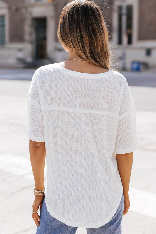 Waffle-Knit V-Neck Dropped Shoulder Blouse - Classique Collection