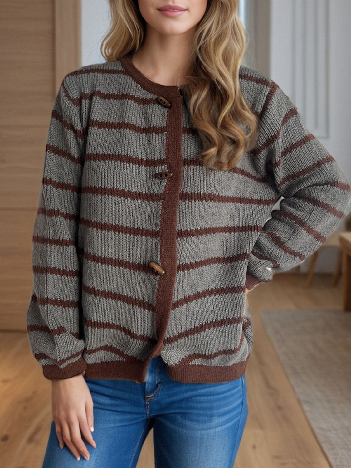 Striped Round Neck Long Sleeve Cardigan - ClassiQ
