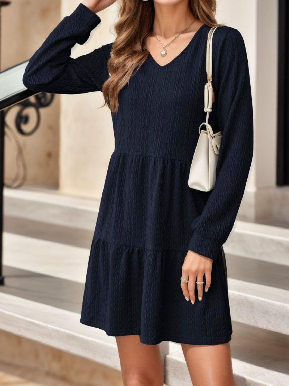 V-Neck Long Sleeve Mini Dress - Classique Collection