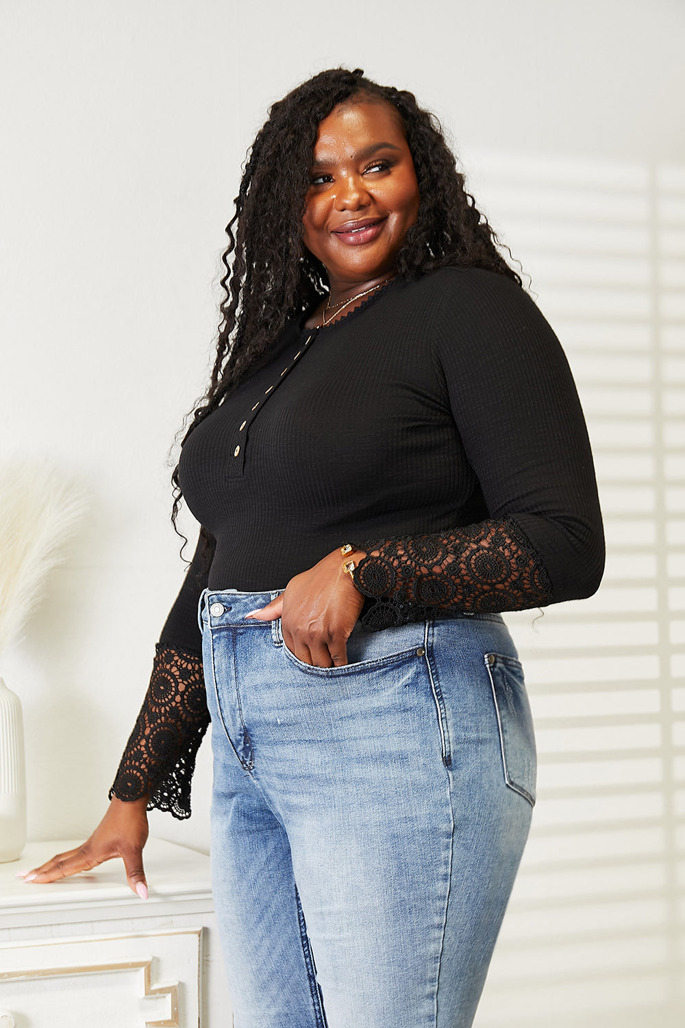 Double Take Crochet Lace Hem Sleeve Button Top - Classique Collection