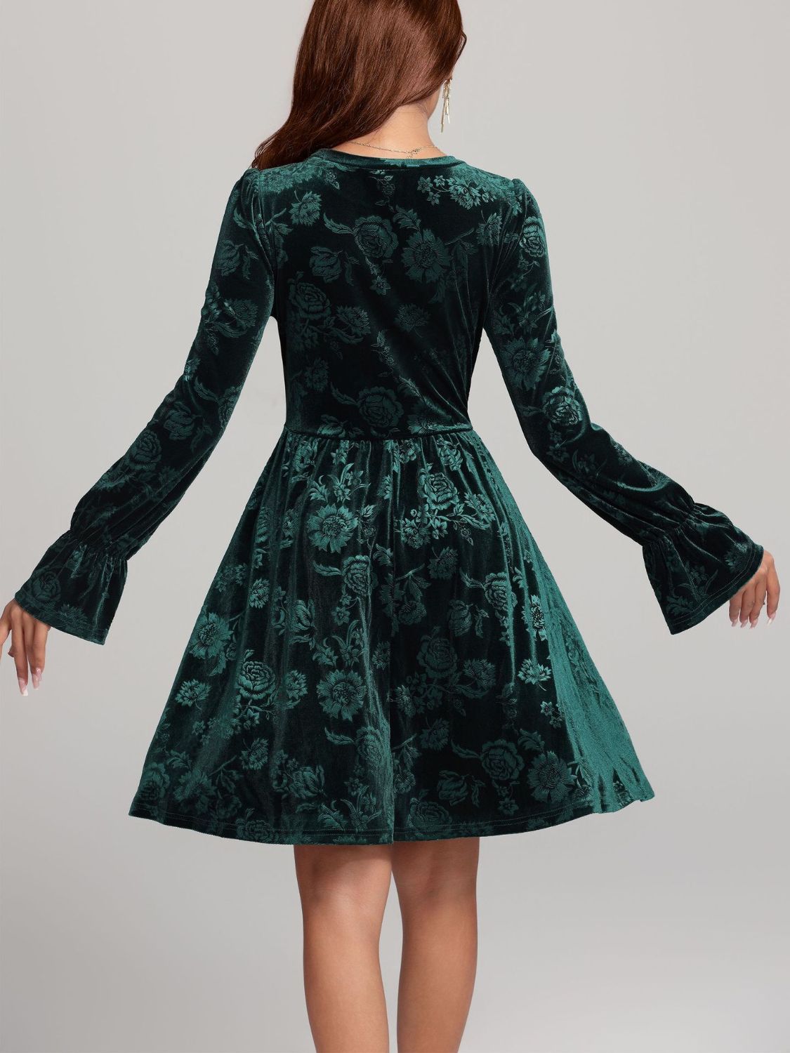 Tied Flower Print Round Neck Flounce Sleeve Dress - Classique Collection
