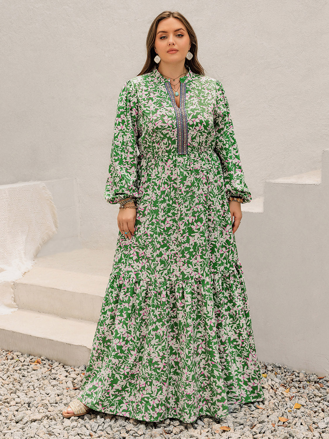 Plus Size Printed Notched Long Sleeve Maxi Dress - Classique Collection