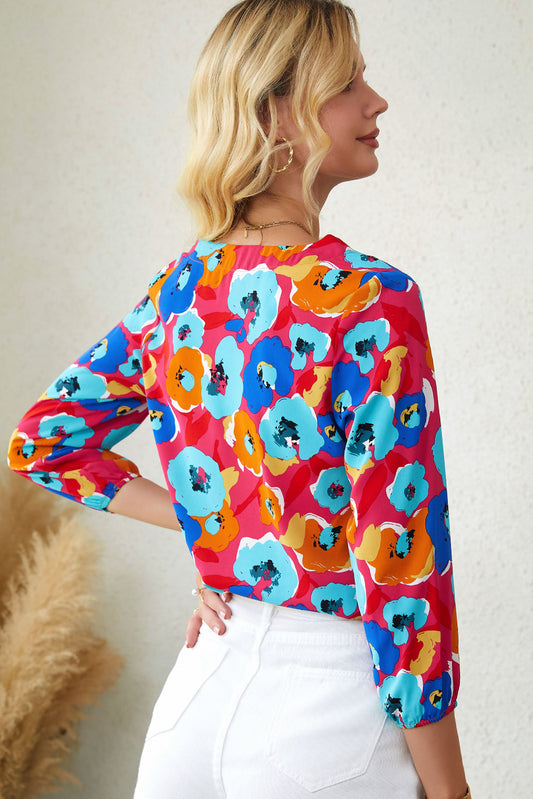 Floral V-Neck Three-Quarter Sleeve Top - Classique Collection