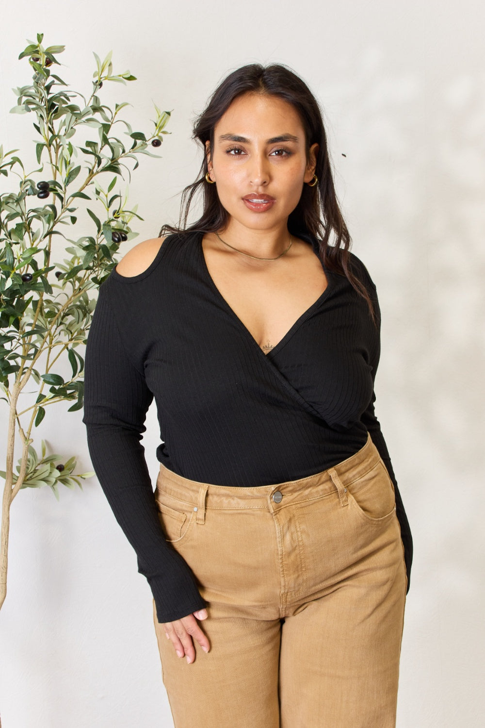 Culture Code Full Size Ribbed Surplice Cold Shoulder Top - Classique Collection