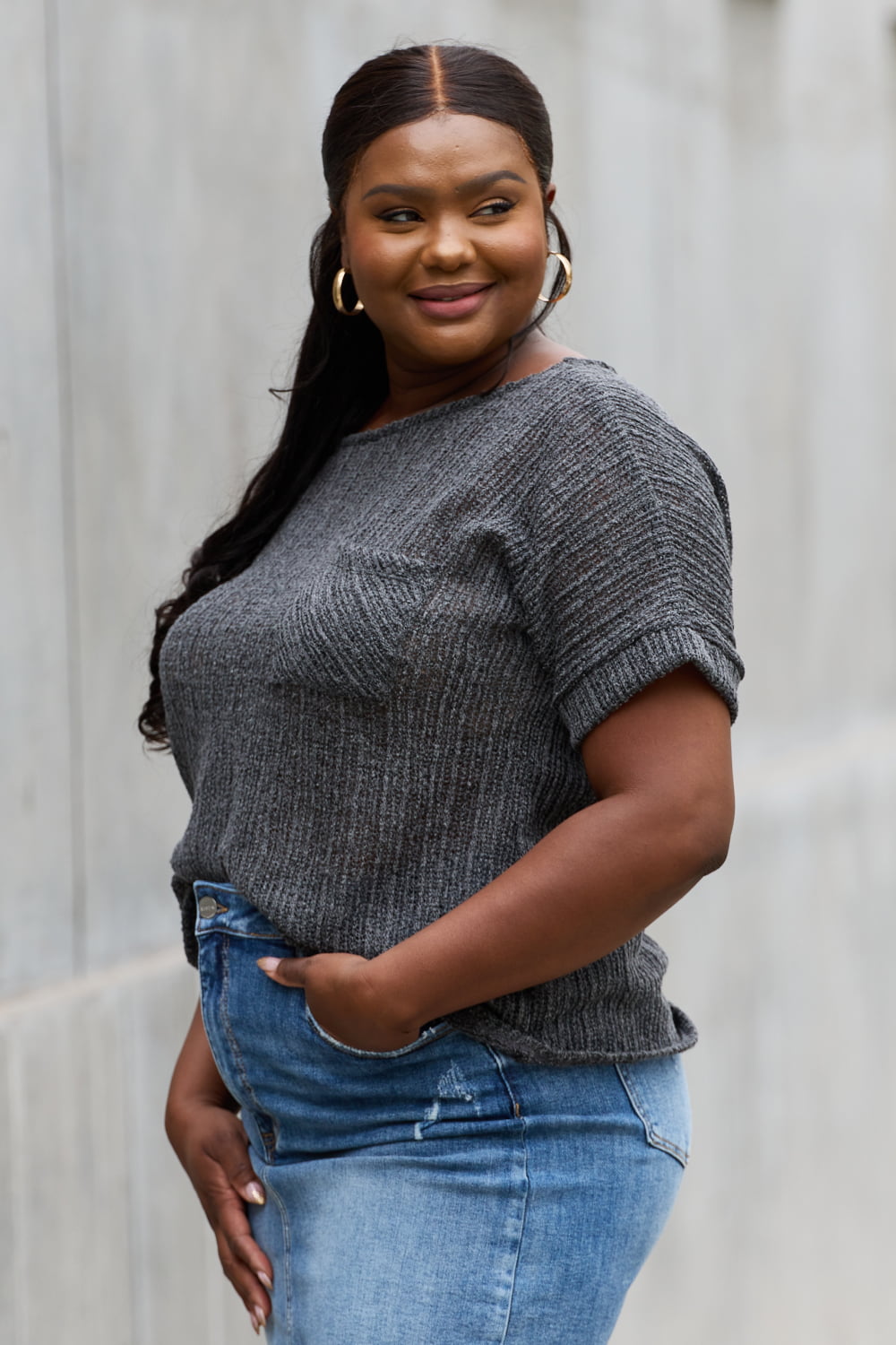 e.Luna Full Size Chunky Knit Short Sleeve Top in Gray - Classique Collection