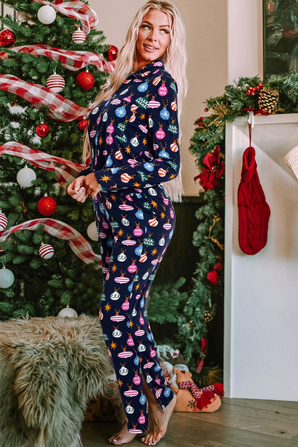 Christmas Lights Print Collared Neck Top and Pants Set - ClassiQ