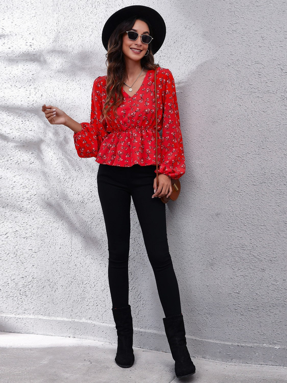 Floral V-Neck Balloon Sleeve Peplum Blouse - Classique Collection