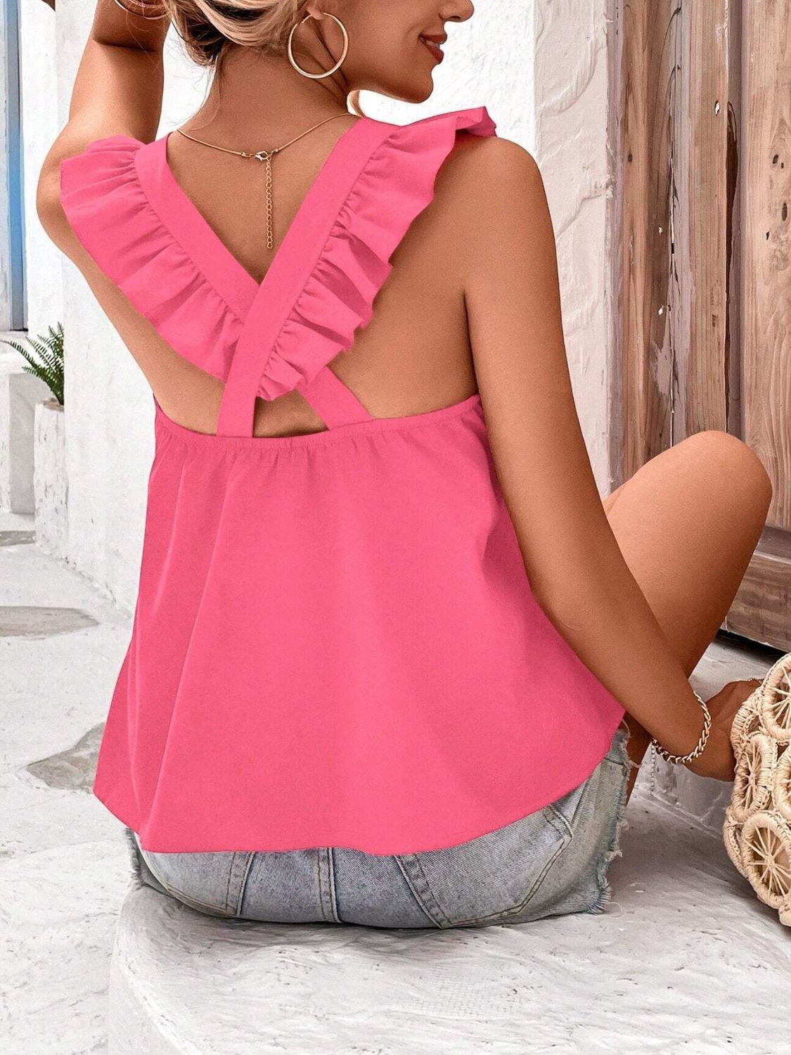 Crisscross Back Ruffled Round Neck Cap Sleeve Blouse - Classique Collection