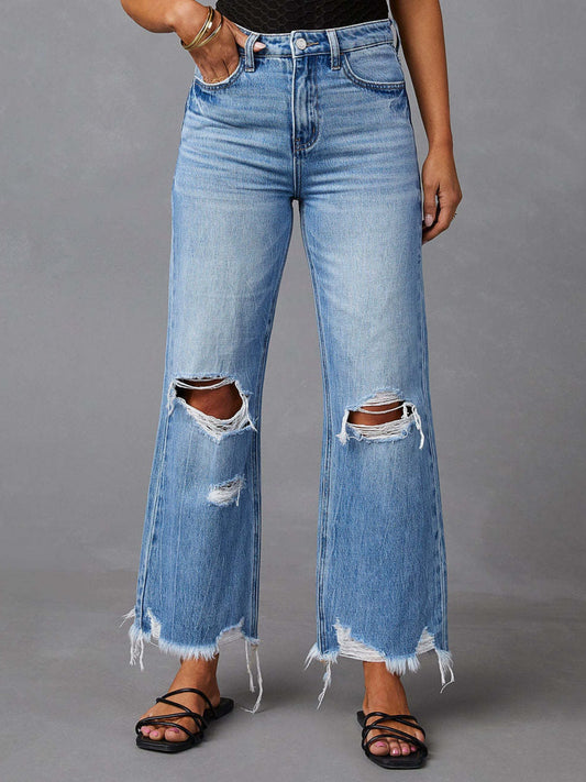 Distressed Raw Hem Jeans with Pockets - Classique Collection