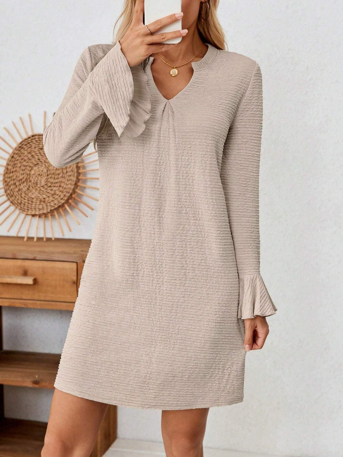 Notched Flare Sleeve Mini Dress - Classique Collection