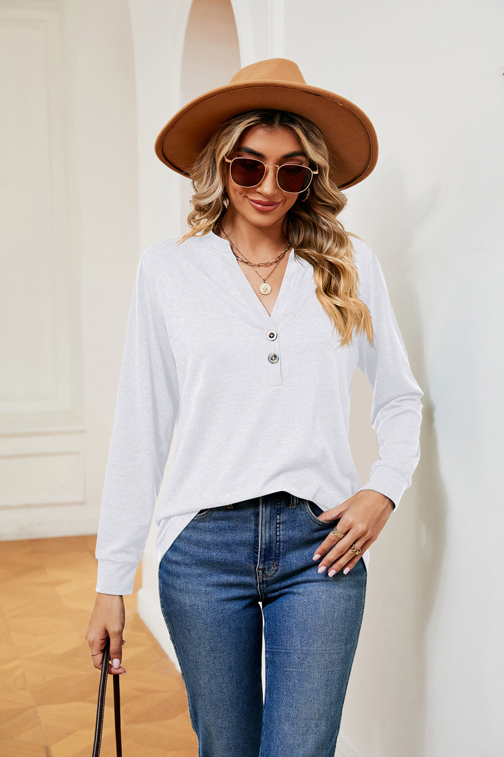 Buttoned Notched Neck Long Sleeve Top - Classique Collection