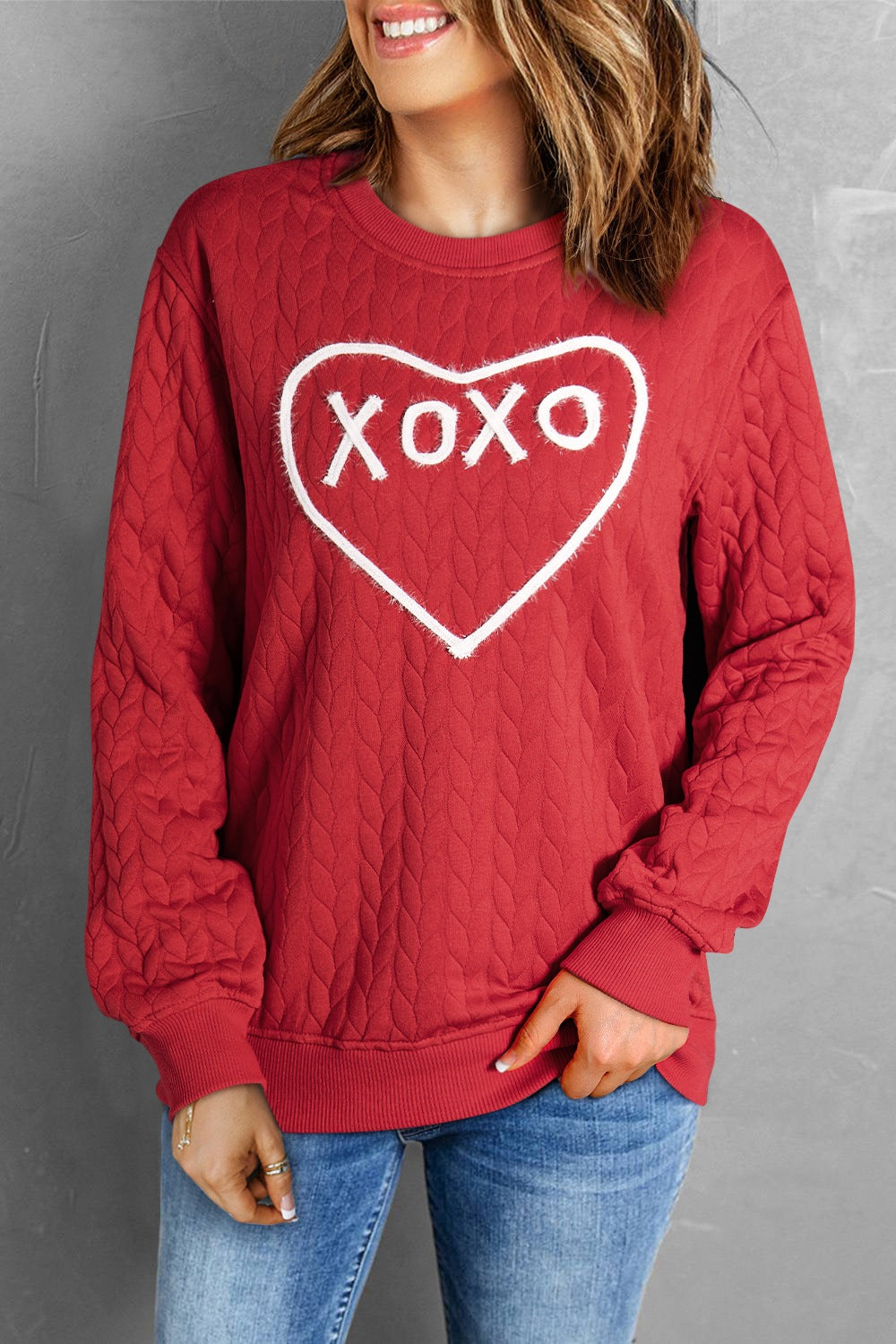 XOXO Heart Round Neck Dropped Shoulder Sweatshirt - ClassiQ