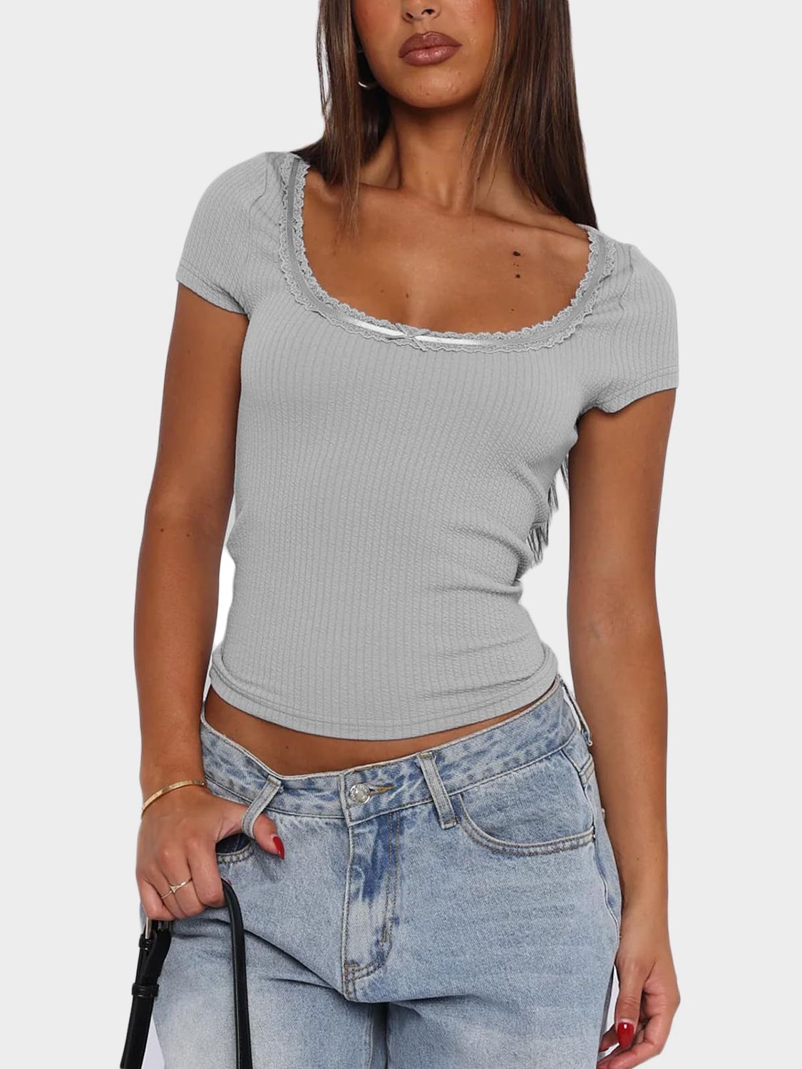 Lace Detail Scoop Neck Short Sleeve T-Shirt - Classique Collection