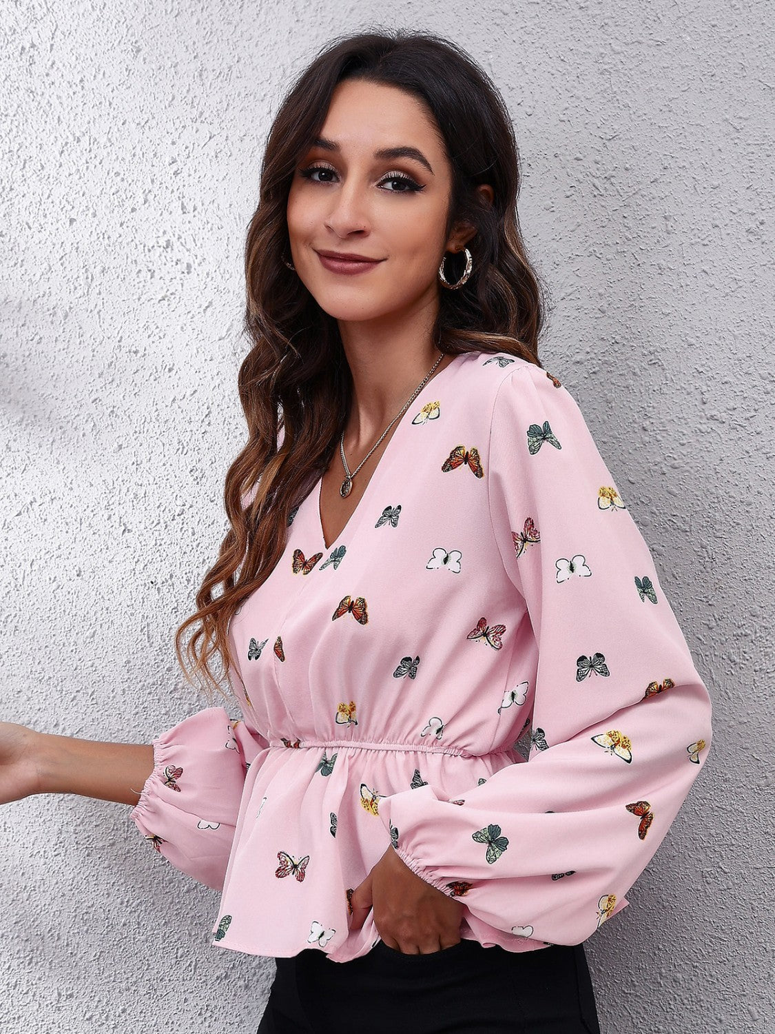 Butterfly V-Neck Balloon Sleeve Peplum Blouse - ClassiQ