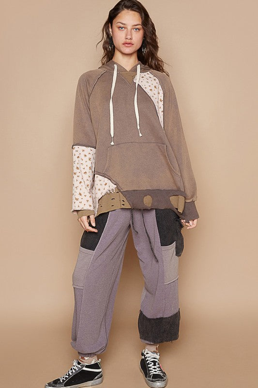 POL Floral Patchwork Distressed Drawstring Hoodie - Classique Collection