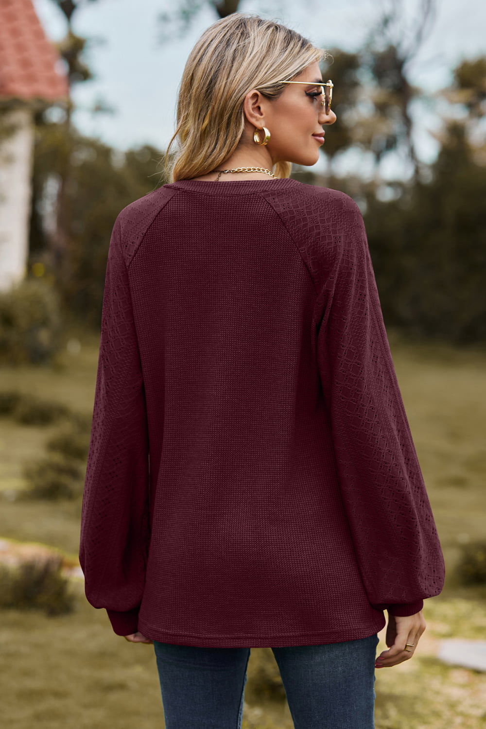 Notched Neck Raglan Sleeve Blouse - Classique Collection