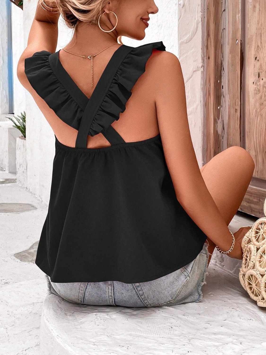 Crisscross Back Ruffled Round Neck Cap Sleeve Blouse - Classique Collection