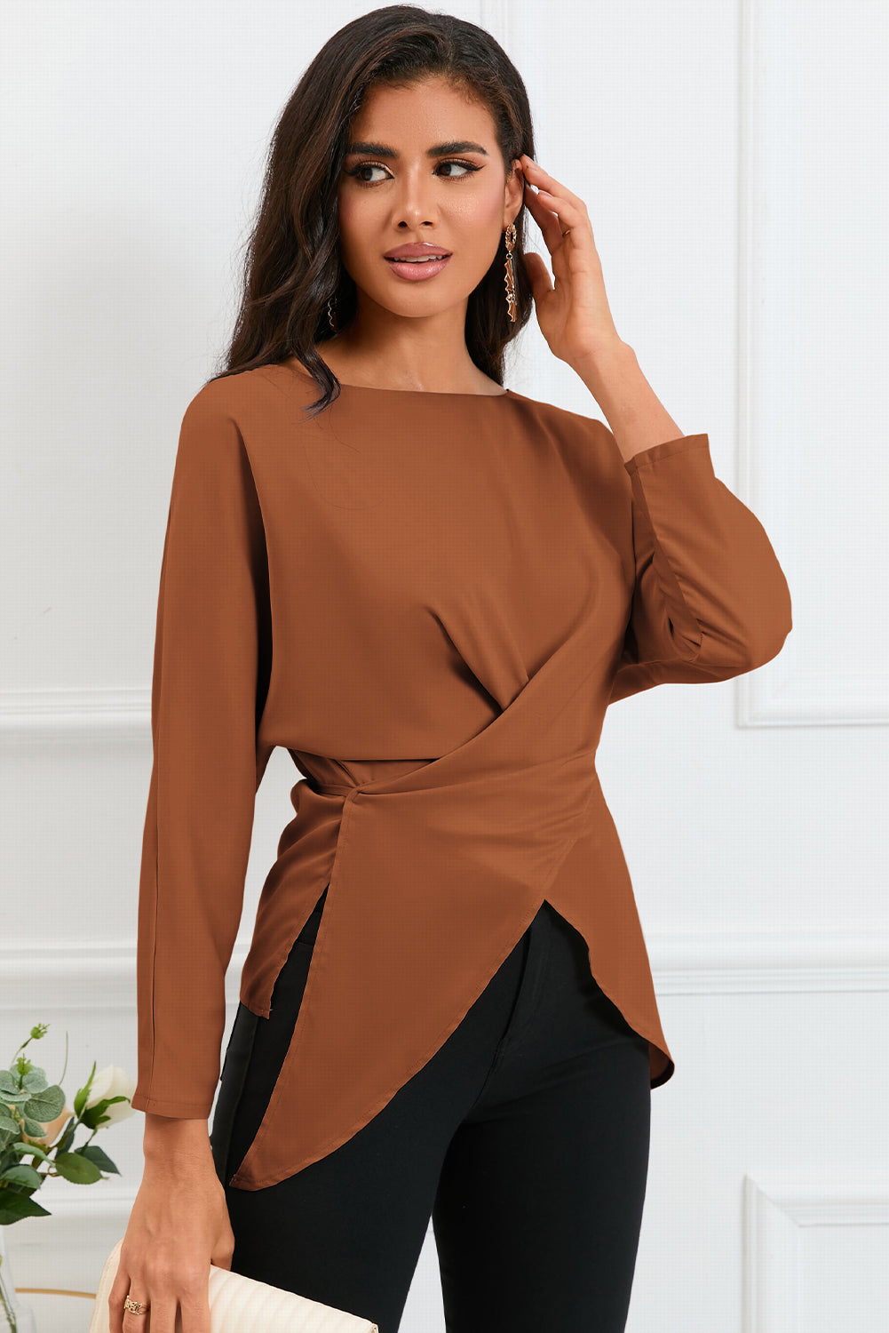 Boat Neck Back Tie Long Sleeve Satin Blouse - Classique Collection