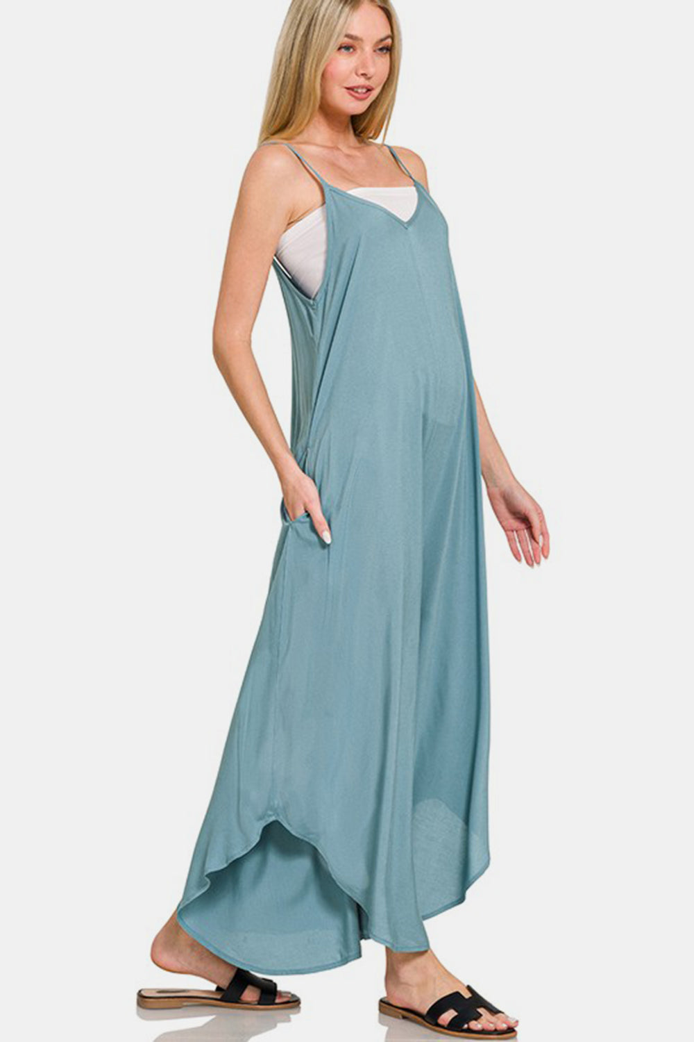 Zenana Spaghetti Strap Wide Leg Overalls with Pockets - Classique Collection