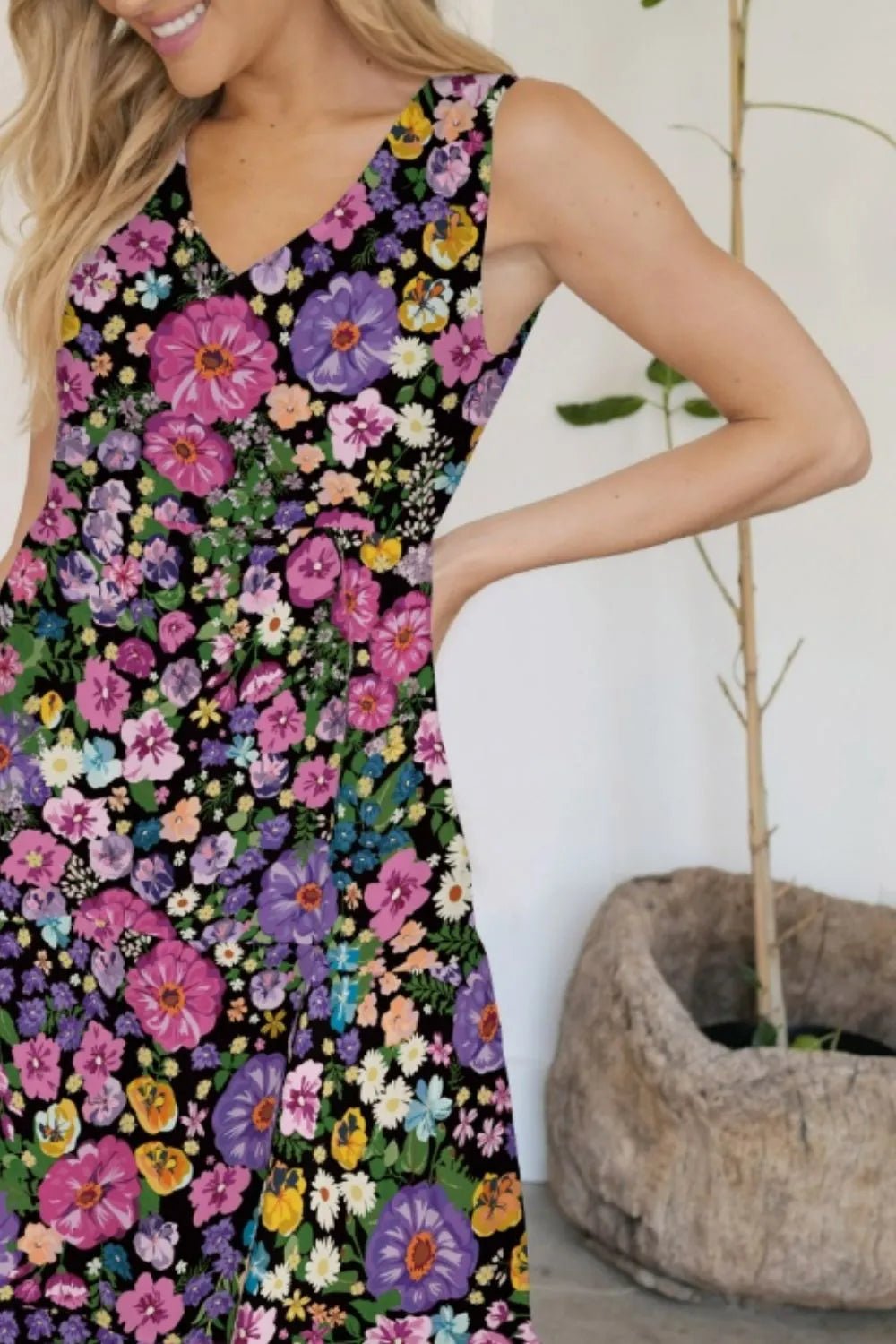 FAM - FAM Tiered Printed V - Neck Sleeveless Dress