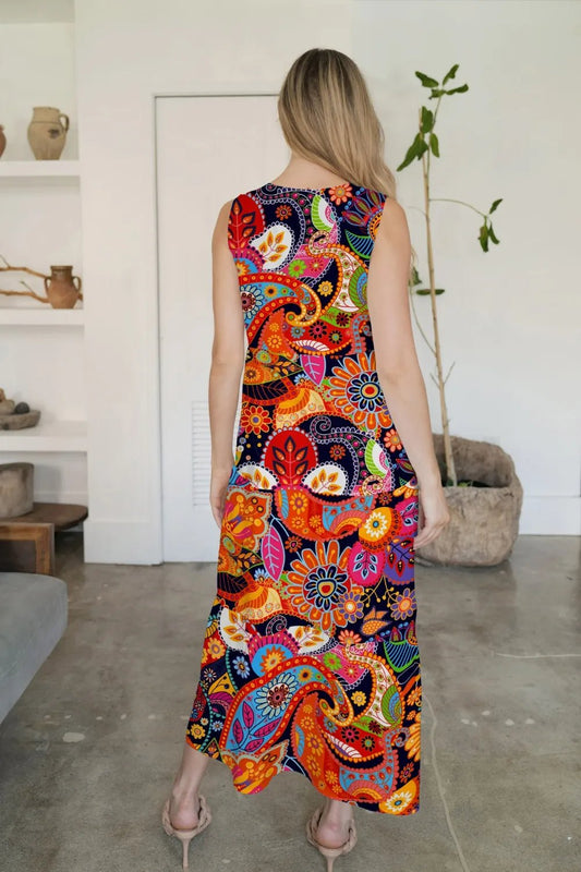FAM - FAM Tiered Printed V - Neck Sleeveless Dress