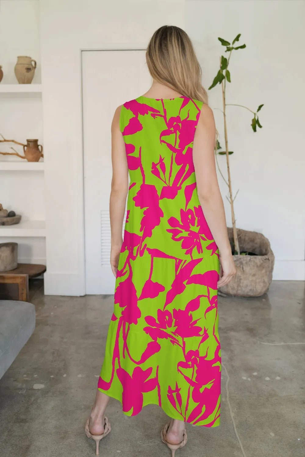 FAM - FAM Tiered Printed V - Neck Sleeveless Dress