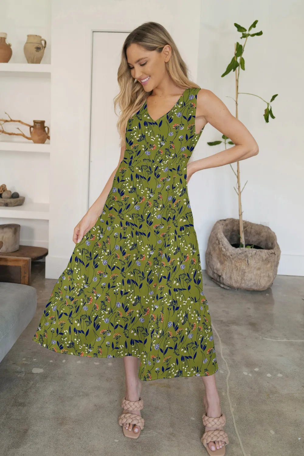 FAM - FAM Tiered Printed V - Neck Sleeveless Dress
