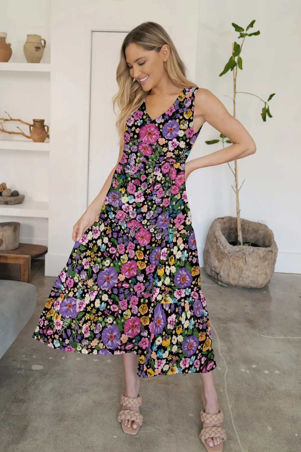 FAM - FAM Tiered Printed V - Neck Sleeveless Dress
