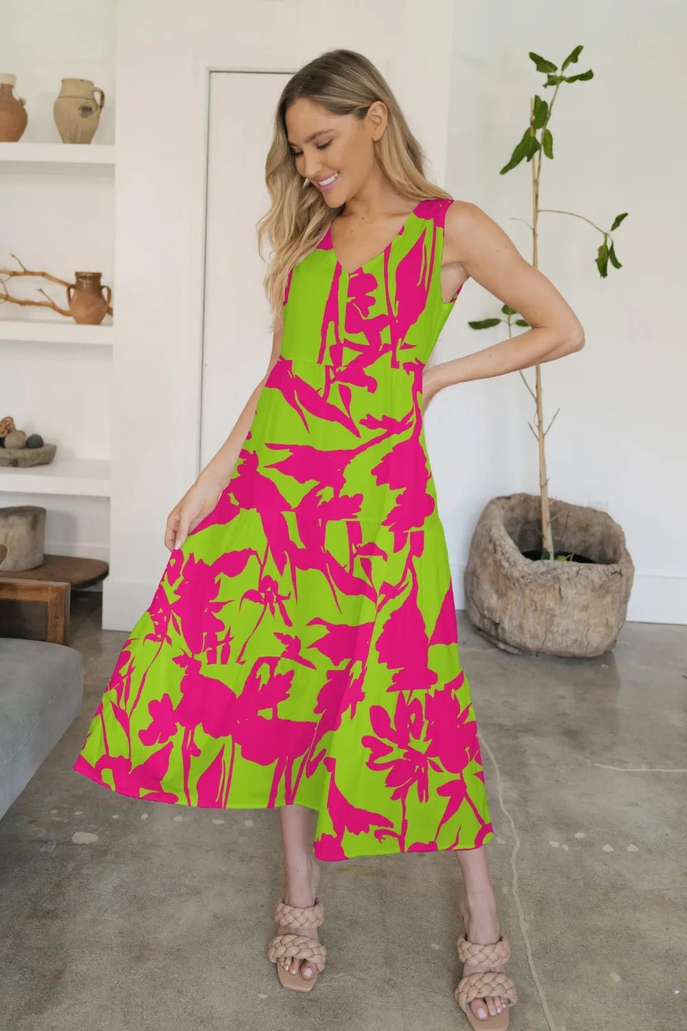 FAM - FAM Tiered Printed V - Neck Sleeveless Dress