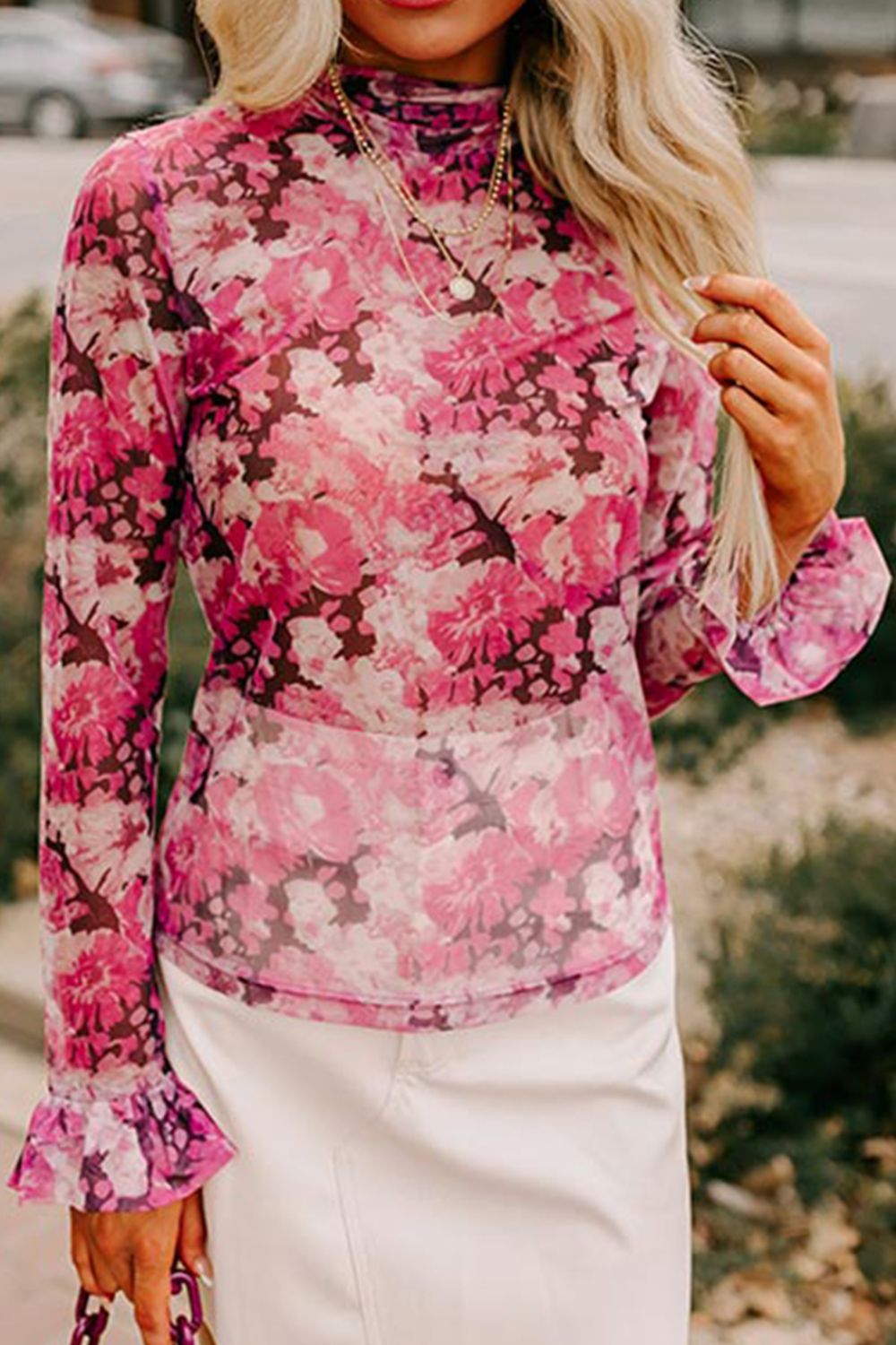 Floral Turtleneck Flounce Sleeve Blouse - Classique Collection