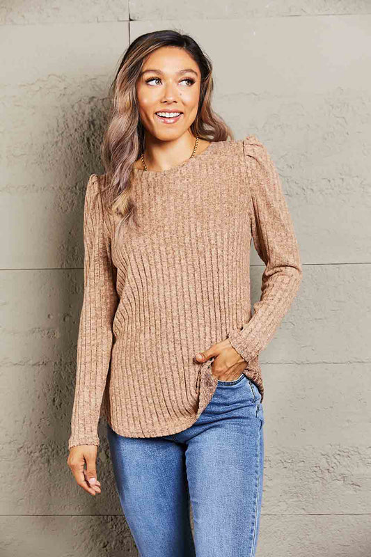 Mandy Round Neck Puff Sleeve Ribbed Top - Classique Collection