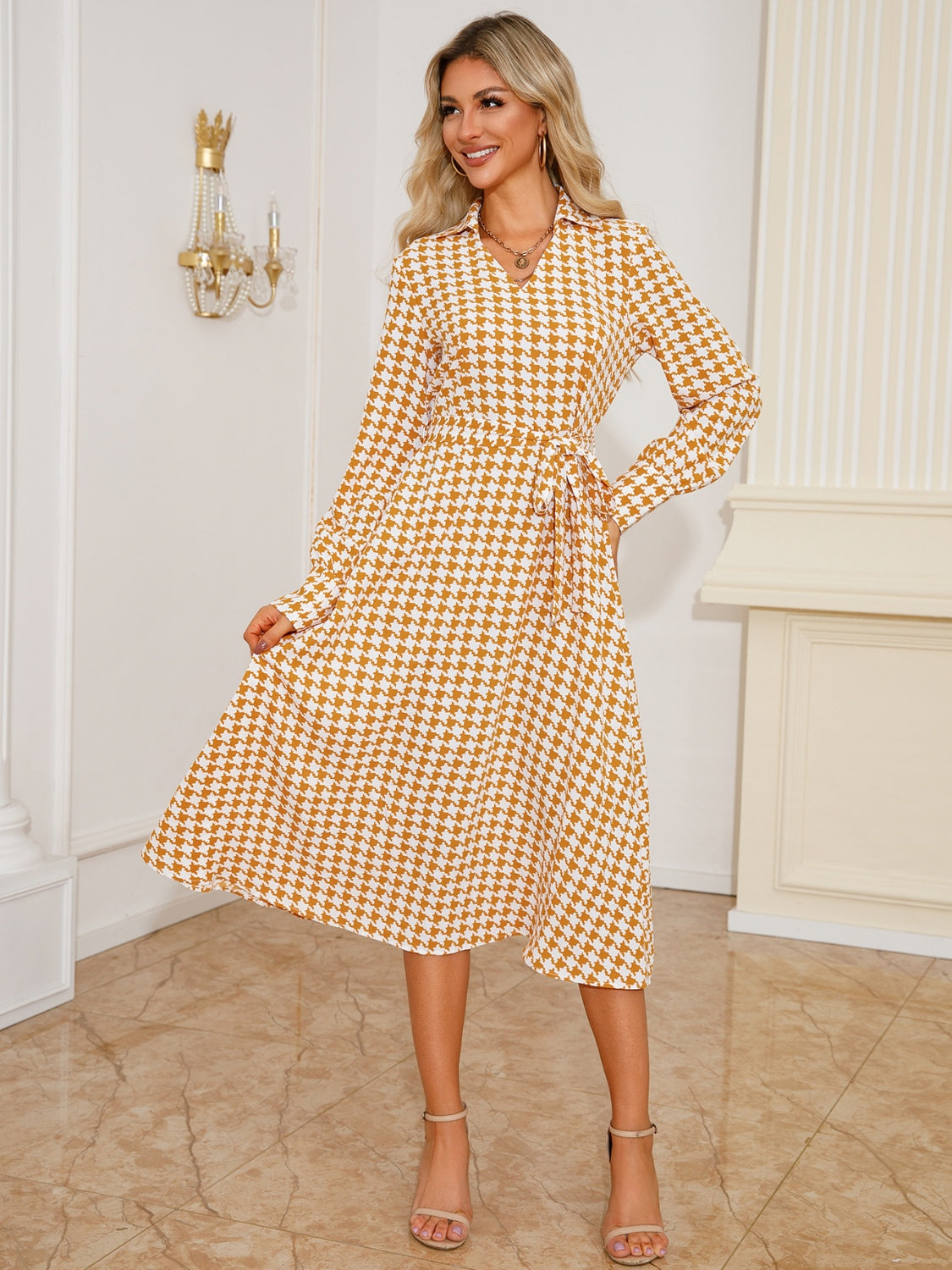 Tied Houndstooth Long Sleeve Midi Dress - Classique Collection