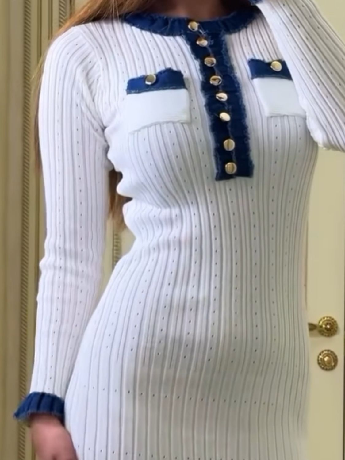 Contrast Trim Round Neck Long Sleeve Sweater Dress - Classique Collection