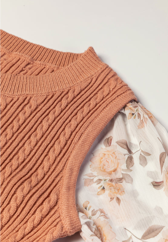Cable Knit Round Neck Flounce Sleeve Sweater - ClassiQ