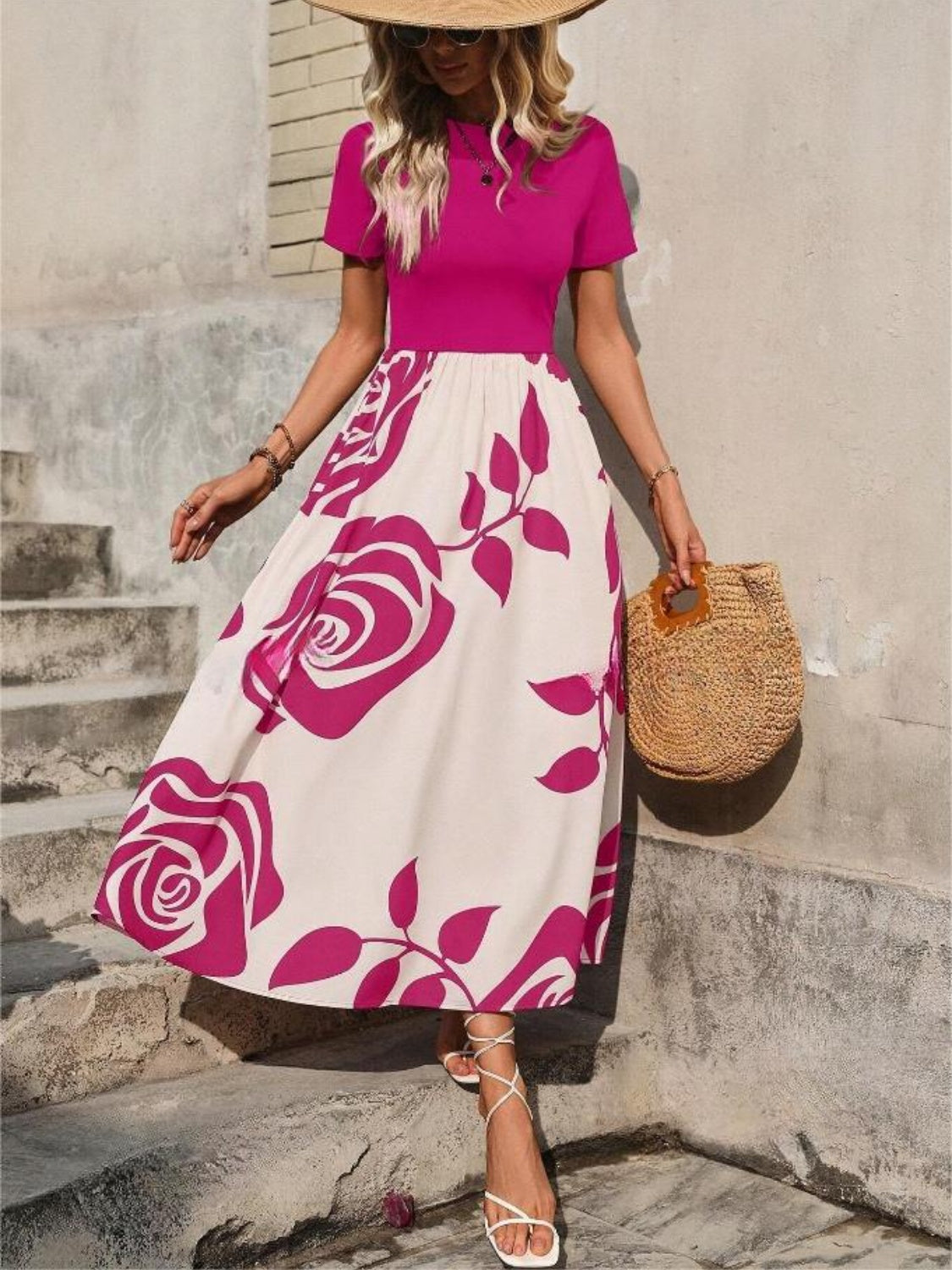 Rose Printed Round Neck Short Sleeve Dress - Classique Collection