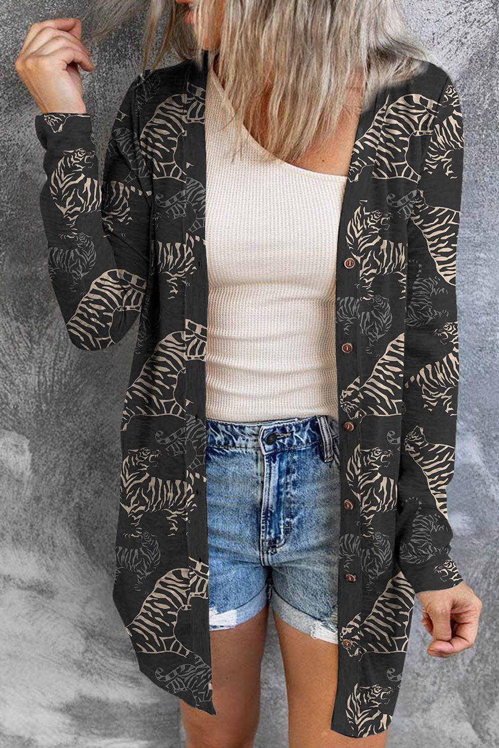 Tiger Print Button Up Long Sleeve Cardigan - ClassiQ