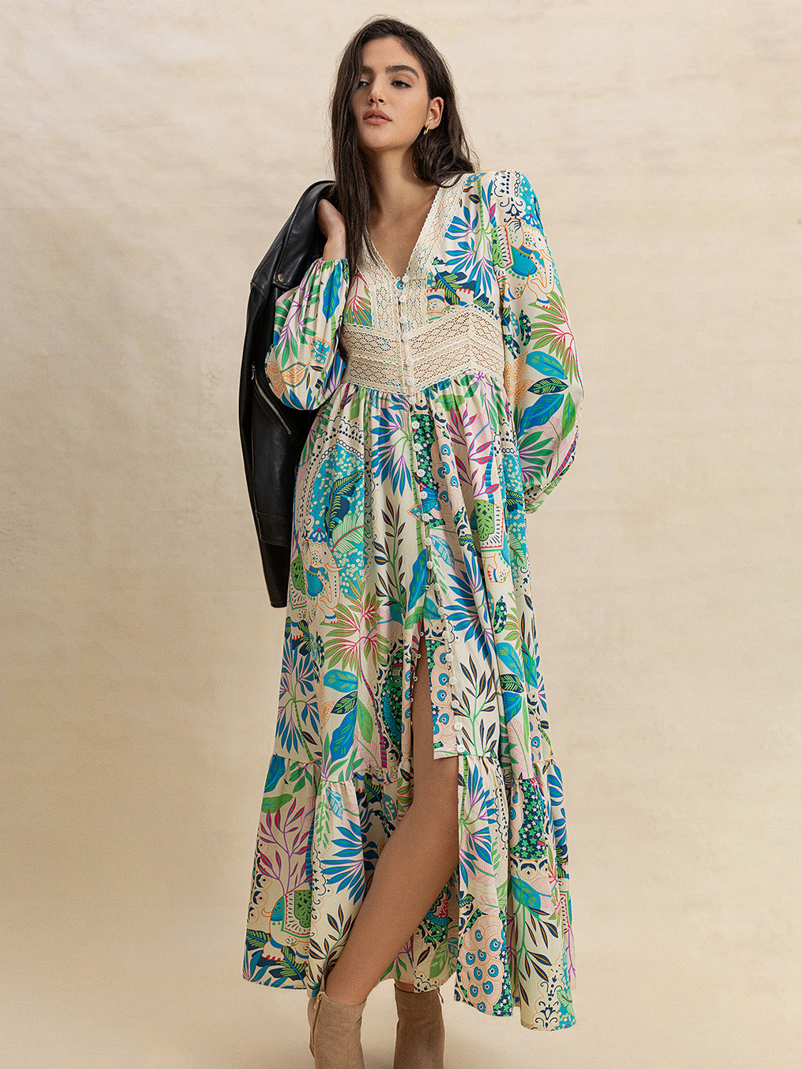 Slit Printed V-Neck Long Sleeve Midi Dress - Classique Collection