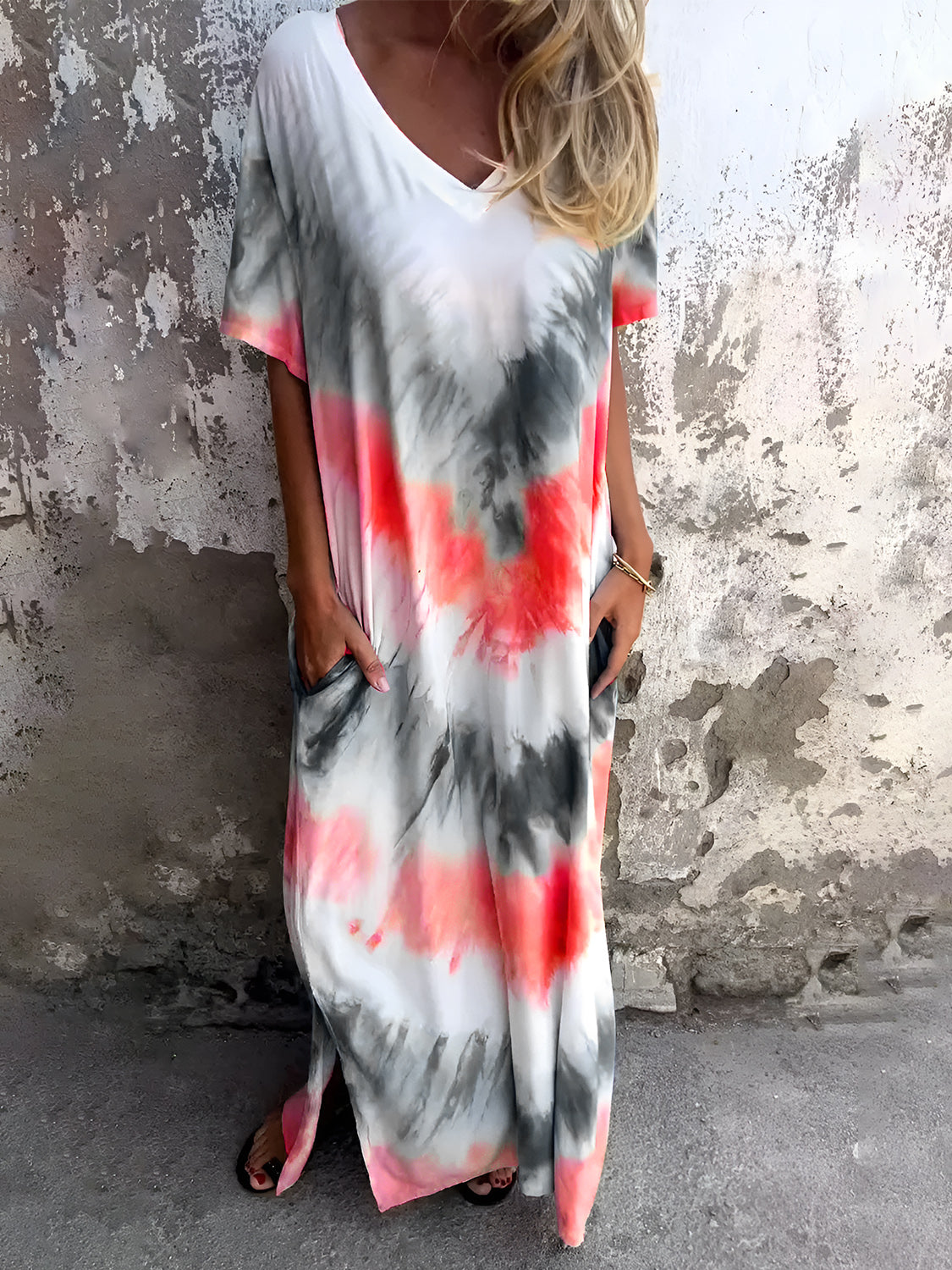 Full Size Pocketed Tie-Dye Short Sleeve Dress - Classique Collection
