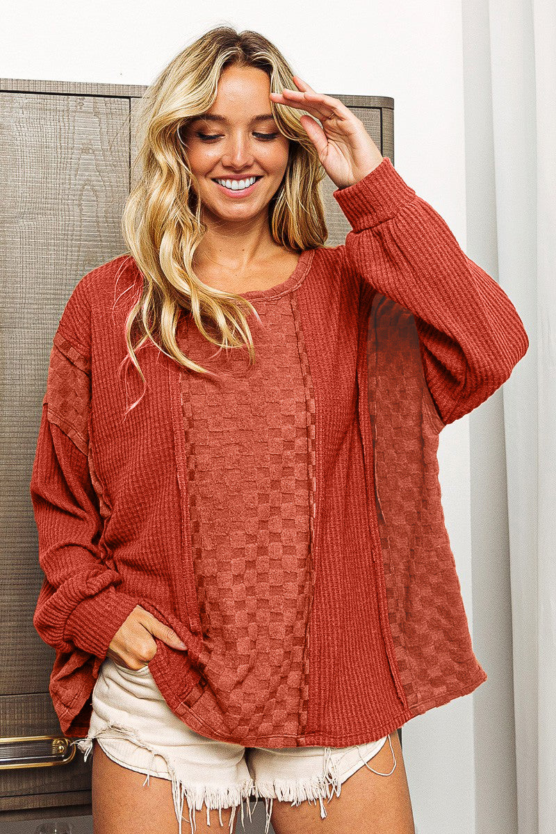 BiBi Checkered Spliced Long Sleeve Top - ClassiQ