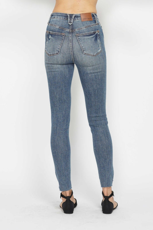 Judy Blue Full Size Tummy Control Vintage Wash Hem Destroy Skinny Jeans - Classique Collection