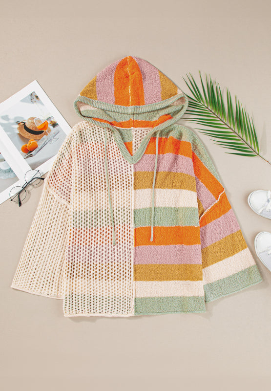 Openwork Color Block Hooded Sweater - Classique Collection