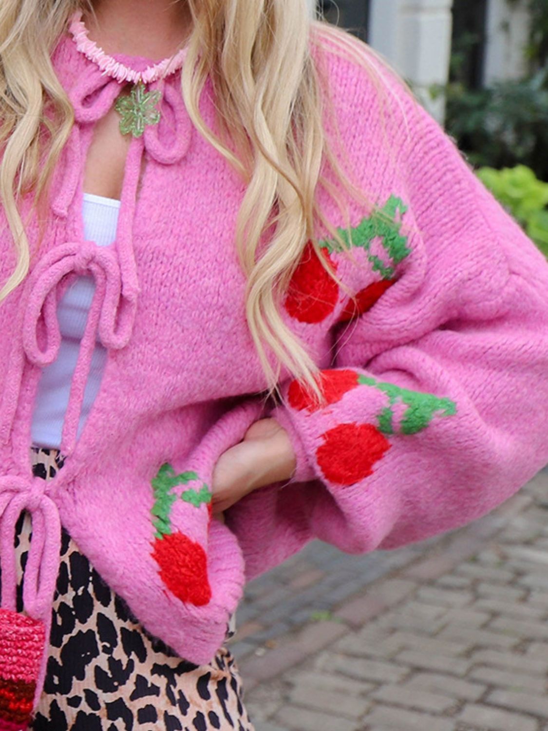 Tied Cherry Round Neck Long Sleeve Cardigan - Classique Collection