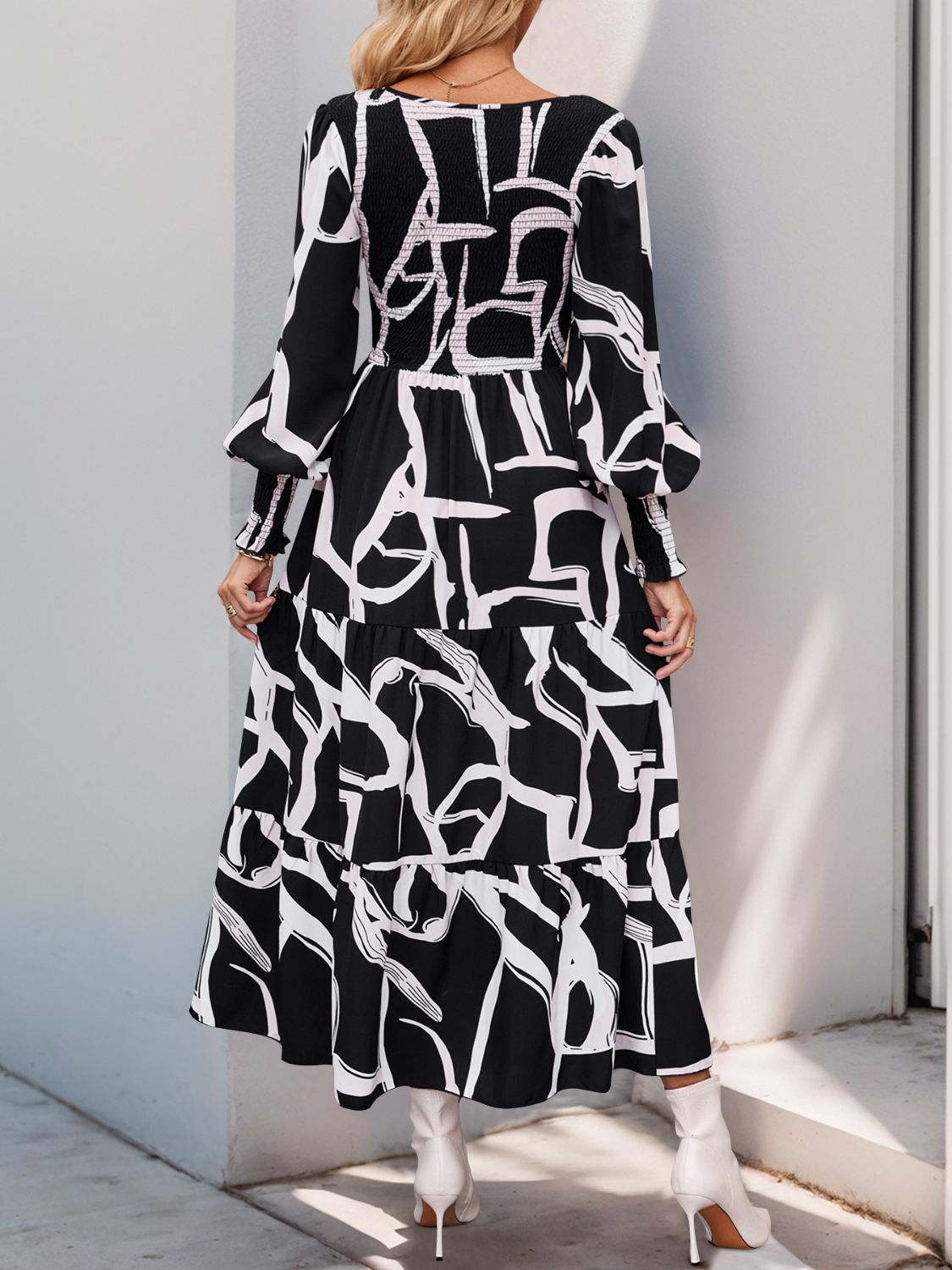 Perfee Smocked Printed Long Sleeve Midi Dress - Classique Collection