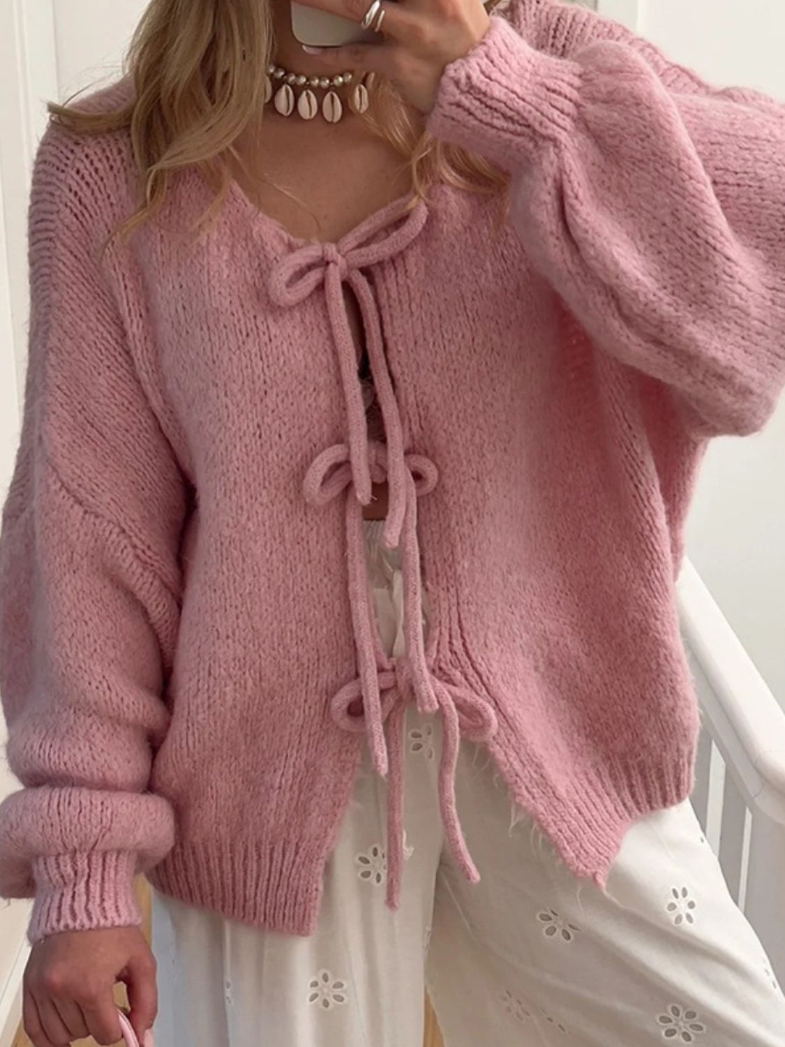 Tied Long Sleeve Dropped Shoulder Cardigan - ClassiQ