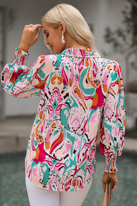 Printed Puff Sleeve Collared Blouse - ClassiQ