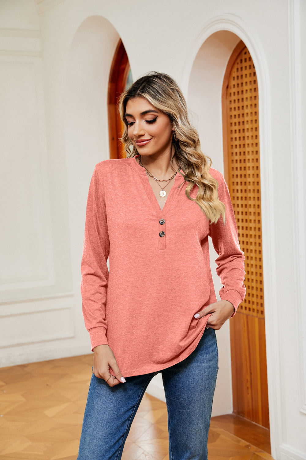 Buttoned Notched Neck Long Sleeve Top - Classique Collection