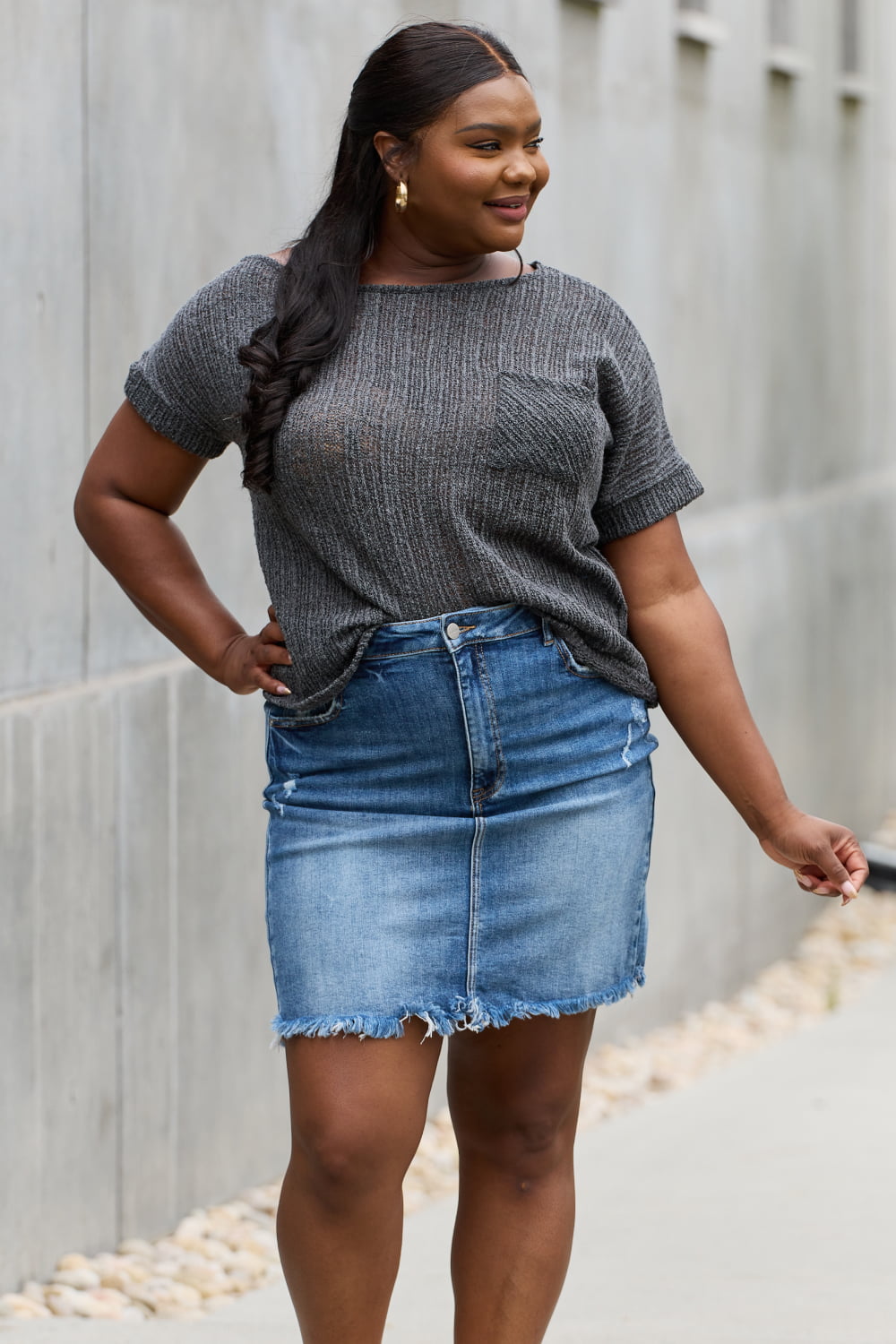 e.Luna Full Size Chunky Knit Short Sleeve Top in Gray - Classique Collection