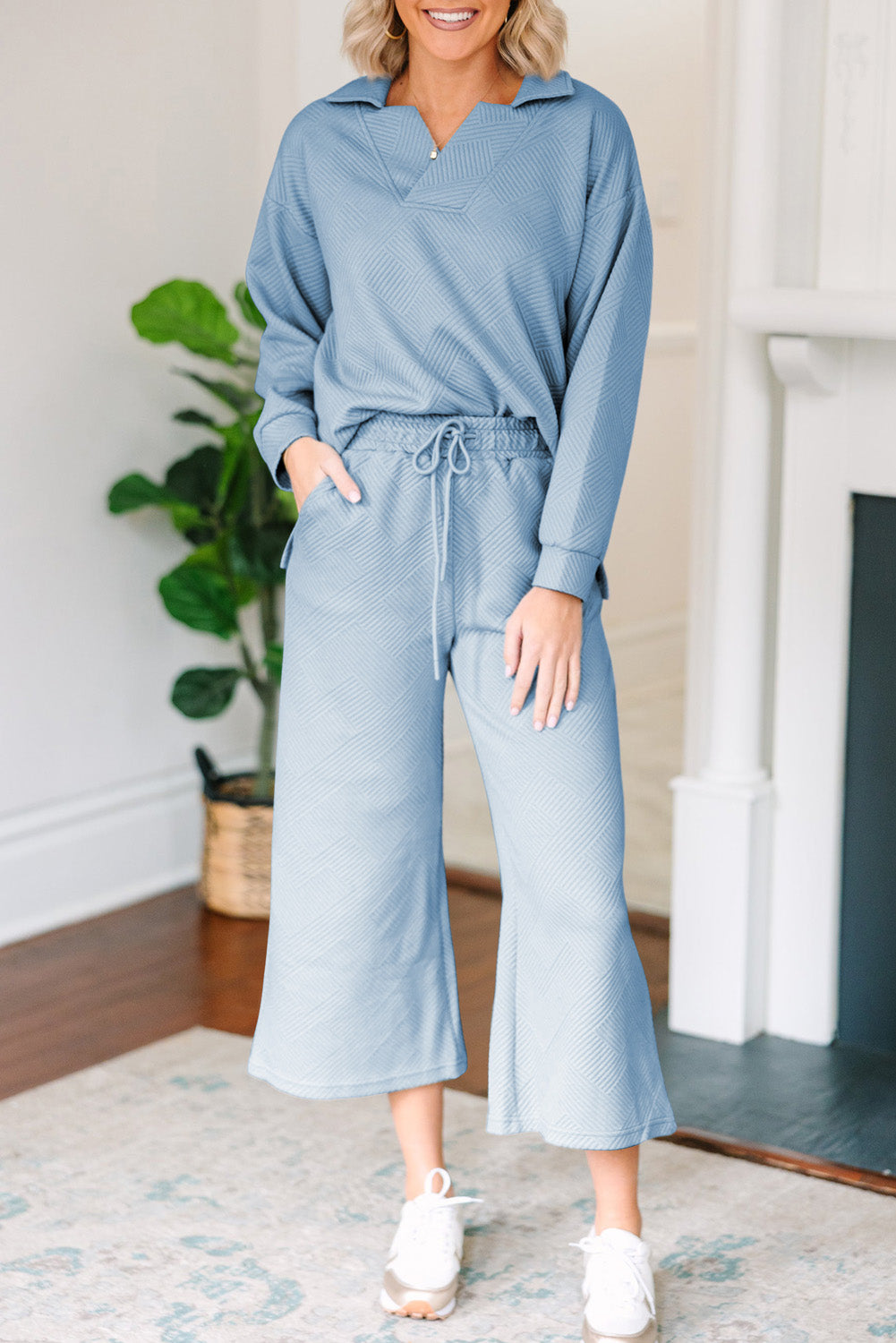 Textured Collared Neck Top and Wide Leg Pants Set - ClassiQ